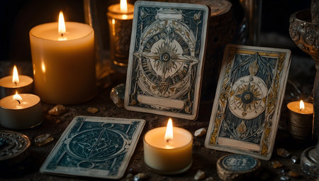 Tarot cards, magical esoteric paraphernalia, and candle equipment.の素材