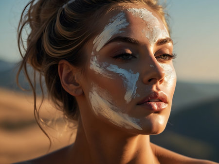 portrait of a girl wearing sunscreen, close up view. beautiful young skin. cosmetics advertisement photoの素材