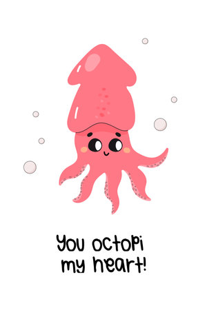 Postcard of friendship, support, with cute sea character, octopus, cuttlefish. vectorのイラスト素材