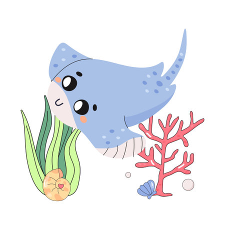 cute stingray fish, t shirt print, kids poster, on white background. Underwater world with seaweed.のイラスト素材
