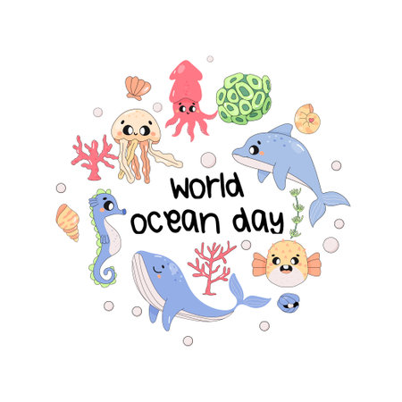 world ocean day, marine world, dolphin, whale, fugu fish, squid, seahorse algae.のイラスト素材