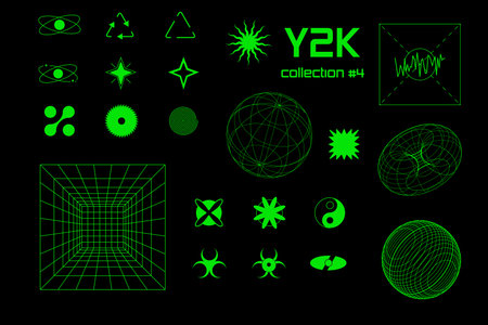 Set geometric shapes y2k, 3d green neon collection. Vector for posterのイラスト素材