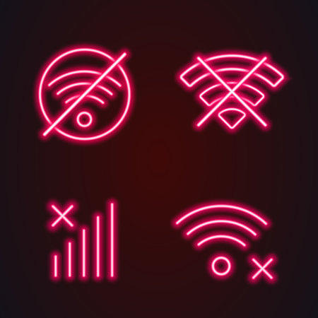 no wifi signal, no connection, red neon glowing icon setのイラスト素材