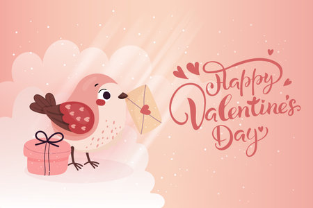 Happy Valentine's Day, cute card of a bird holding a letter.のイラスト素材