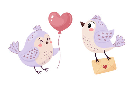 A set of cute birds, love and valentines day. On a white isolated background.のイラスト素材