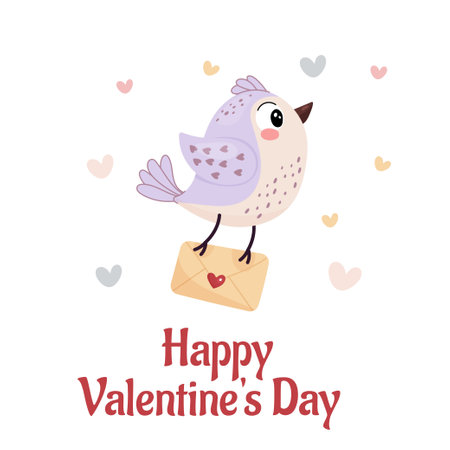 Happy Valentines Day, cute bird card with letter, simple flat style.のイラスト素材