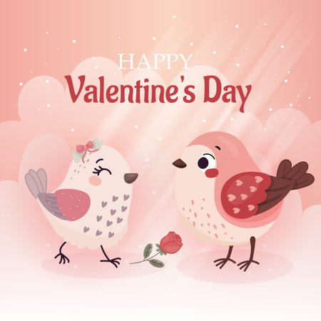 Square card with a cute little bird giving a rose flower, happy Valentines Day.のイラスト素材