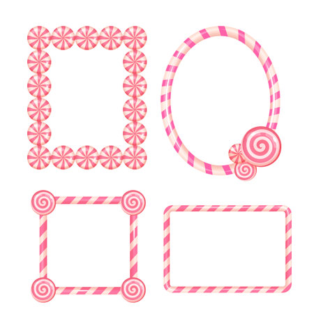 Set of four pink candy cane frames with swirls and peppermint corners. Great for Christmas templates, cards, and festive designs.のイラスト素材