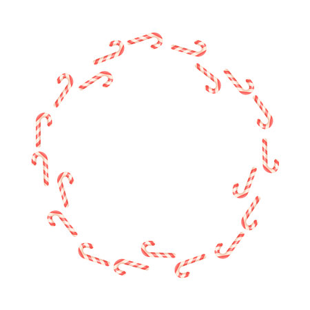 Round Christmas wreath created entirely from red striped candy canes. Fun and festive 3D decoration element for holiday design projects.のイラスト素材