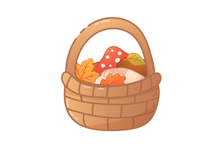 Wicker basket with colorful mushrooms, fall leaves and acorns in warm cozy tones, ideal for seasonal cottagecore designs.のイラスト素材