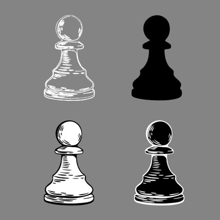 Four artistic versions of a chess pawn including sketch, silhouette and outline. Grayscale composition ideal for design or education.のイラスト素材