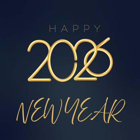Stylized golden 3D 2026 numbers with Happy New Year lettering on dark blue background. Perfect for...