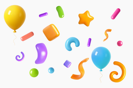 Realistic 3D illustration of flying yellow and blue balloons surrounded by vibrant confetti shapes on a white background.のイラスト素材
