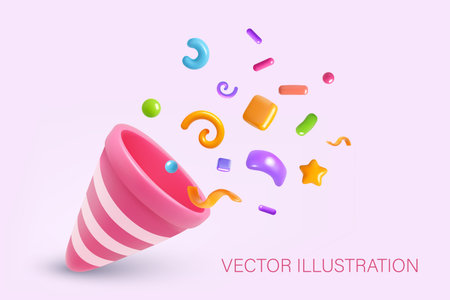 Realistic pink 3D popper with colorful confetti flying out on soft pastel background with vector illustration text below.のイラスト素材