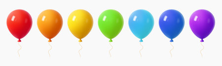 Seven glossy 3D balloons in rainbow sequence from red to purple on white background, perfect for birthday or party visuals.のイラスト素材
