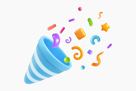 Realistic 3D blue striped party popper with flying confetti, swirls, and geometric shapes on a clean white background.のイラスト素材