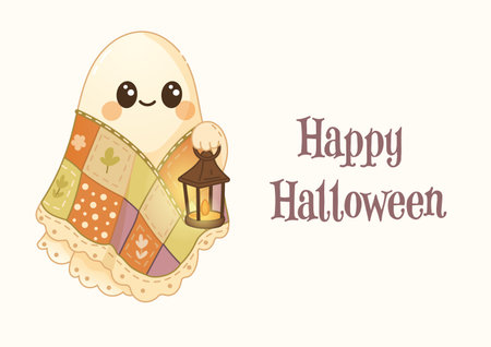 Kawaii ghost character holding lantern and wearing patchwork quilt blanket, with Happy Halloween greeting in cozy boho style illustration.のイラスト素材