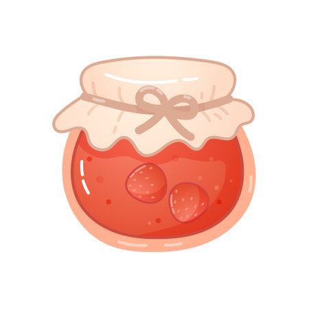 Cute jar of jam with strawberries inside and tied cloth lid, perfect for cozy food-themed art, cottagecore or farm visuals.のイラスト素材