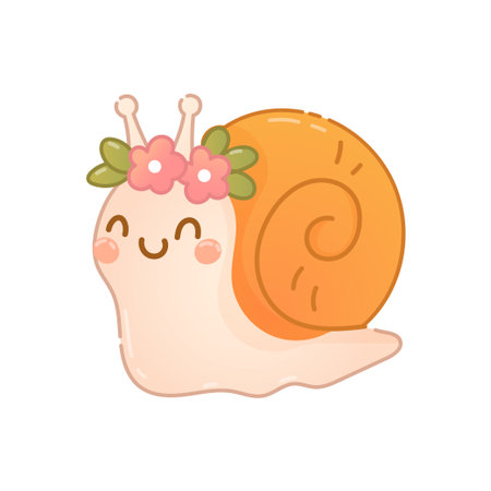 Cartoon snail character with flower wreath on head and orange shell, ideal for children s art or cottagecore style illustrations.のイラスト素材