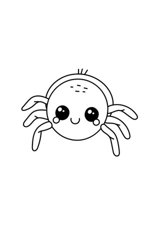 Cute round spider character with big eyes and smile, drawn in kawaii boho line art style. Great for Halloween kids coloring pages.のイラスト素材