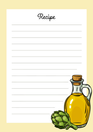Editable recipe card template in Mediterranean style with olive oil and artichoke sketch. Great for cooking blogs or product branding.のイラスト素材