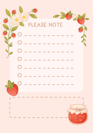 Cute checklist page with strawberries, flowers, and jam jar. Perfect for notes, planners or cozy journaling.のイラスト素材