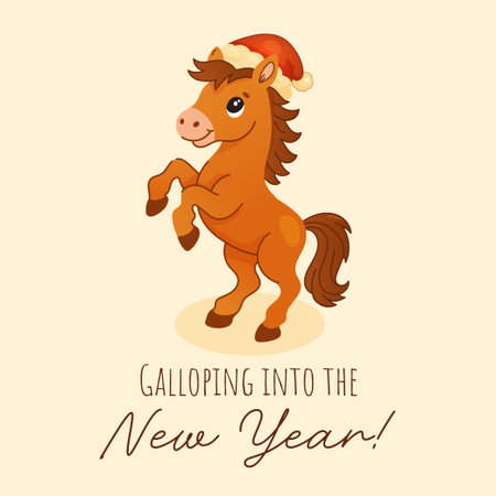 Holiday greeting card featuring a cheerful cartoon horse in Santa hat and the phrase Galloping into the New Yearのイラスト素材
