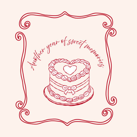 Hand drawn cake illustration with romantic heart and bow in whimsical coquette style. Great as birthday or Valentine greeting card.のイラスト素材