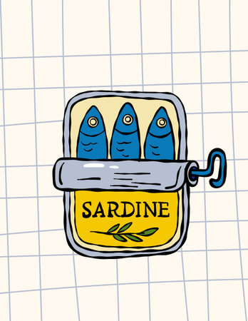 Whimsical sketch style poster with sardines in a tin can, featuring retro seafood art and modern kitchen design elements.のイラスト素材