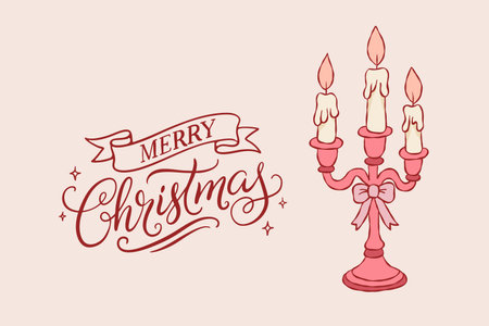Elegant pink candelabra banner with Merry Christmas lettering in cute coquette style. Ideal for festive cards, posters, and seasonal designs.のイラスト素材