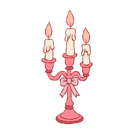 Elegant pink candelabra with three candles and decorative bow in cute coquette style. Perfect for Christmas cards, winter decor, and festive design.のイラスト素材