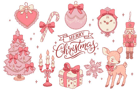 Adorable pastel Christmas clipart with tree, gift, deer, nutcracker, and candy cane in coquette pink tones. Perfect for cards and festive design.のイラスト素材