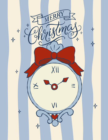 Vintage clock Christmas poster with Merry Christmas lettering and red bow in cute coquette style. Perfect for festive cards and holiday prints.のイラスト素材