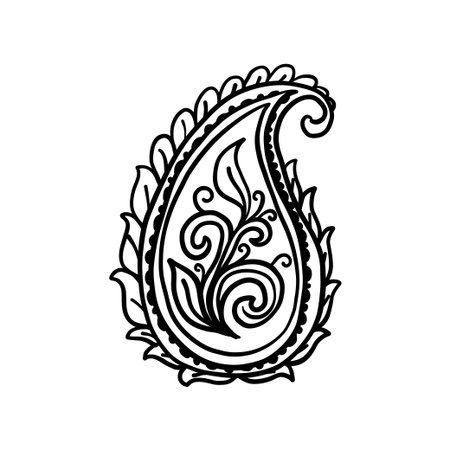 Black and white line drawing of paisley buti, perfect for mehndi, oriental textile or traditional Indian print design.のイラスト素材