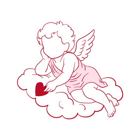 Adorable cupid laying on a fluffy cloud holding a heart. Cute and whimsical coquette-style illustration in red and pink. Perfect for Valentine's Day designs, bachelorette party decor, romantic stickers, invitations, greeting cards, and girly branding.のイラスト素材