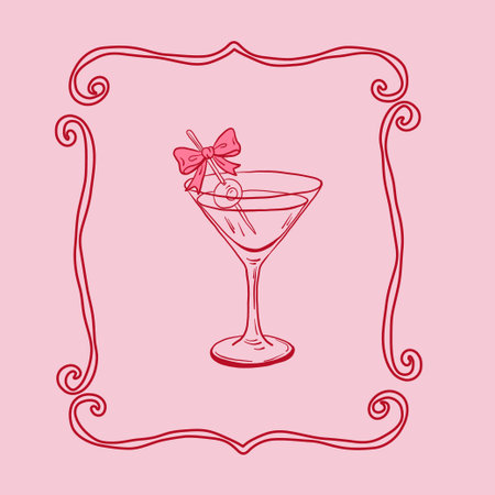 Line art of a cocktail glass with a bow and cherry, placed in a whimsical curly frame. Feminine and festive.のイラスト素材