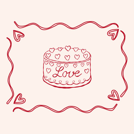 Line art of a heart-covered cake with â€œLoveâ€ text, placed inside a whimsical frame with...