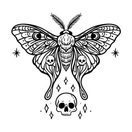 Detailed black line art of an esoteric moth with skulls, crescent moons and stars. Perfect for tattoo, boho or witchy design.のイラスト素材