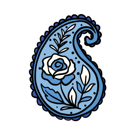 Vector paisley ornament filled with rose and foliage, styled in blue tones and inspired by oriental and Indian textile patterns.のイラスト素材