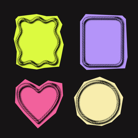 Set of four vibrant abstract halftone frames in Y2K collage style with chrome texture, perfect for retro graphic or sticker design.のイラスト素材