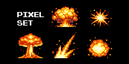 Set of pixel art explosion effects with fire blast bright bursts and glowing impact shapes for retro...