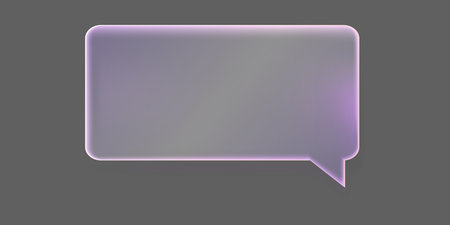 Transparent 3d glass morphism chat bubble UI element with soft purple neon glow on dark background