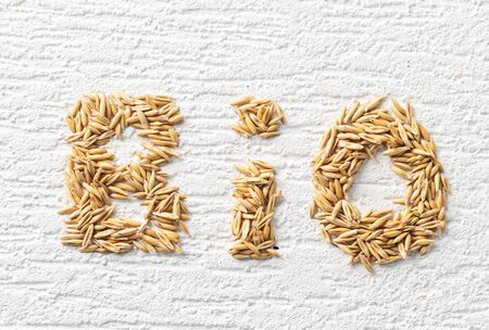 Word Bio laid out from oatmeal seeds on a white texture backgroundの写真素材