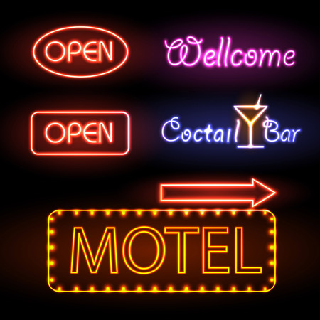 Set of neon signboards. Open, Welcome, motel, cocktail bar,のイラスト素材