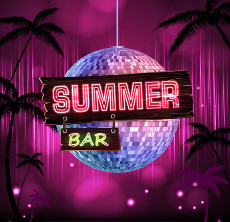 Disco party poster. Summer bar. Disco ball backgroundのイラスト素材