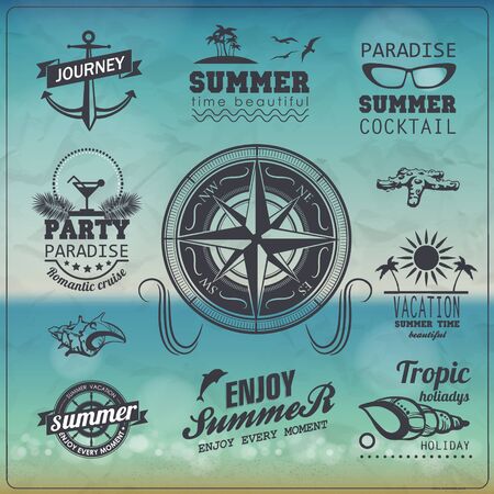 Set of Vintage summer typography design with labels, icons elementsのイラスト素材