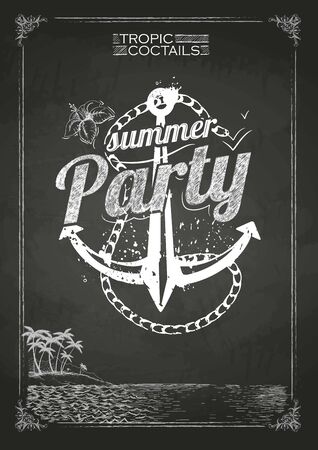 Summer party poster. Disco background. Chalk drawings.のイラスト素材