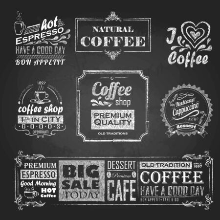 Chalk calligraphic drawing. Set of Coffee stickerのイラスト素材