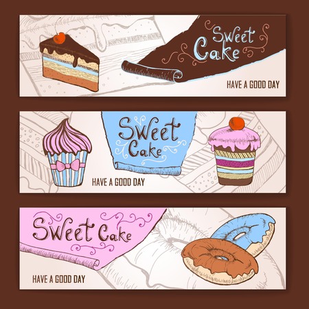Set of decorative banners. Sweet cake sketch background. Menuのイラスト素材