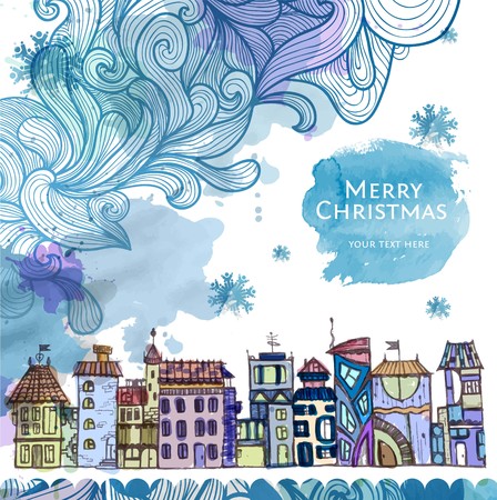 Decorative sketch of city. Winter Christmas backgroundのイラスト素材
